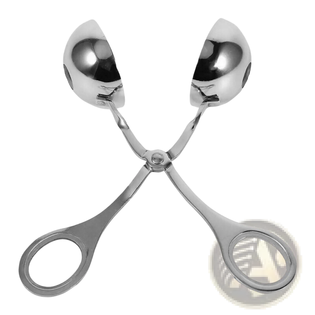 Shiny stainless steel meatball maker tongs with two curved ends and looped handles for kitchen use