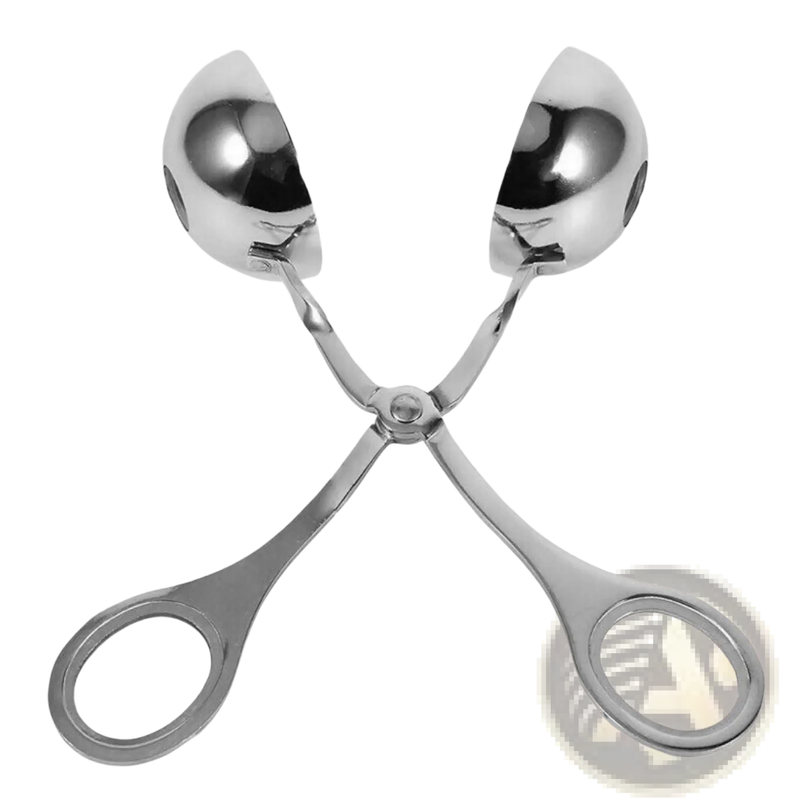 Shiny stainless steel meatball maker tongs with two curved ends and looped handles for kitchen use
