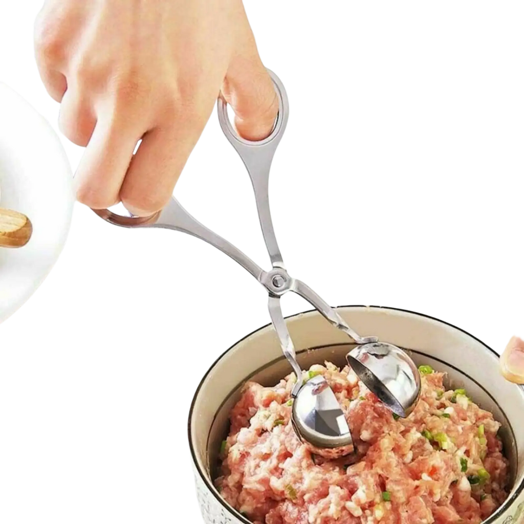 Silver stainless steel meatball maker tongs with two polished spherical scoops and ergonomic handles for kitchen use