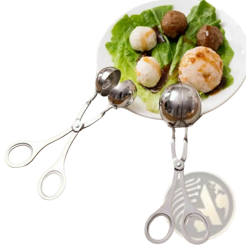 Two stainless steel meatball maker tongs with ball-shaped scoops and ergonomic handles for portioning ingredients
