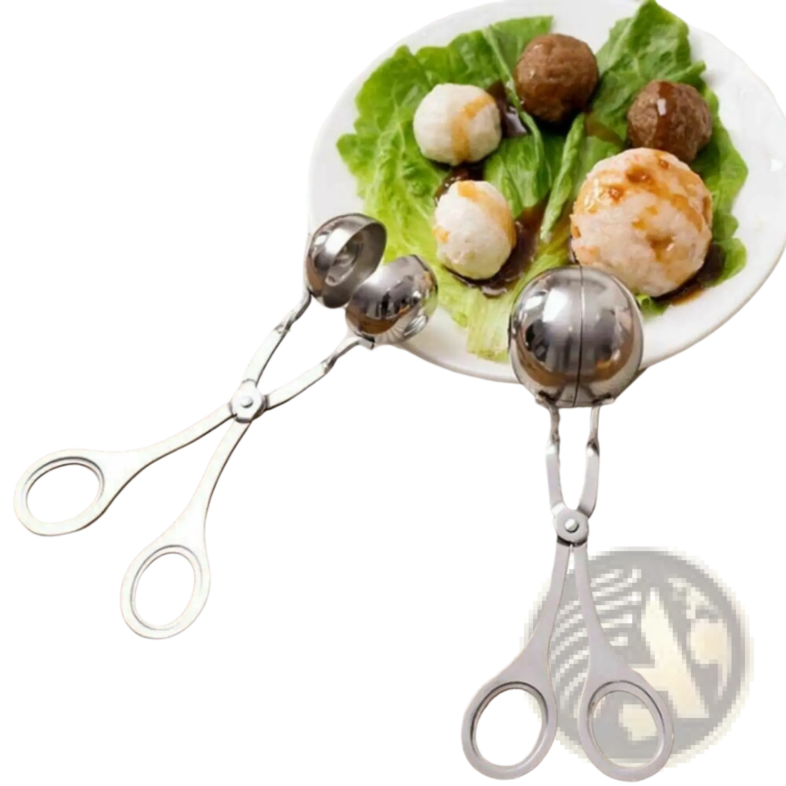 Two stainless steel meatball maker tongs with ball-shaped scoops and ergonomic handles for portioning ingredients
