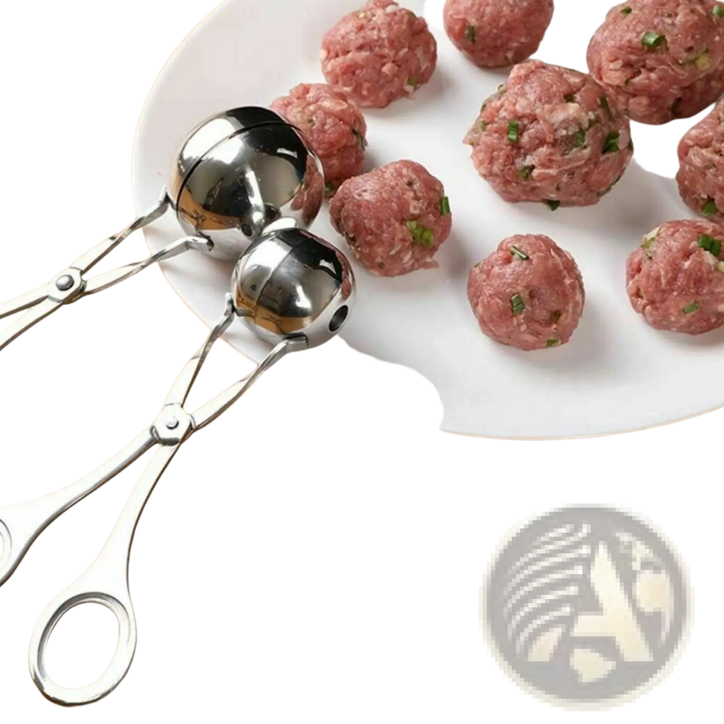 Stainless steel meatball maker tongs with shiny rounded scoops and ergonomic handles for kitchen use