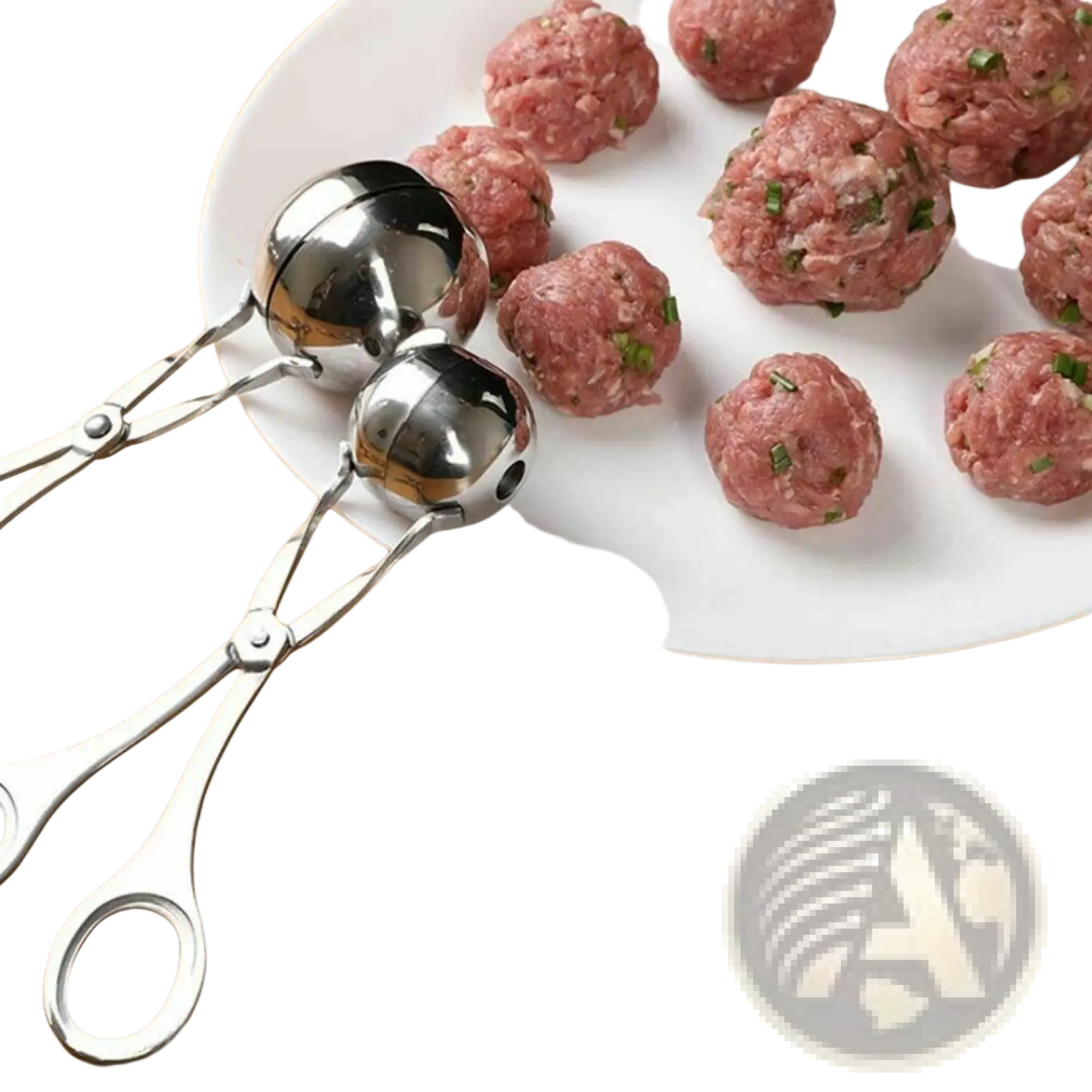 Stainless steel meatball maker tongs with shiny rounded scoops and ergonomic handles for kitchen use