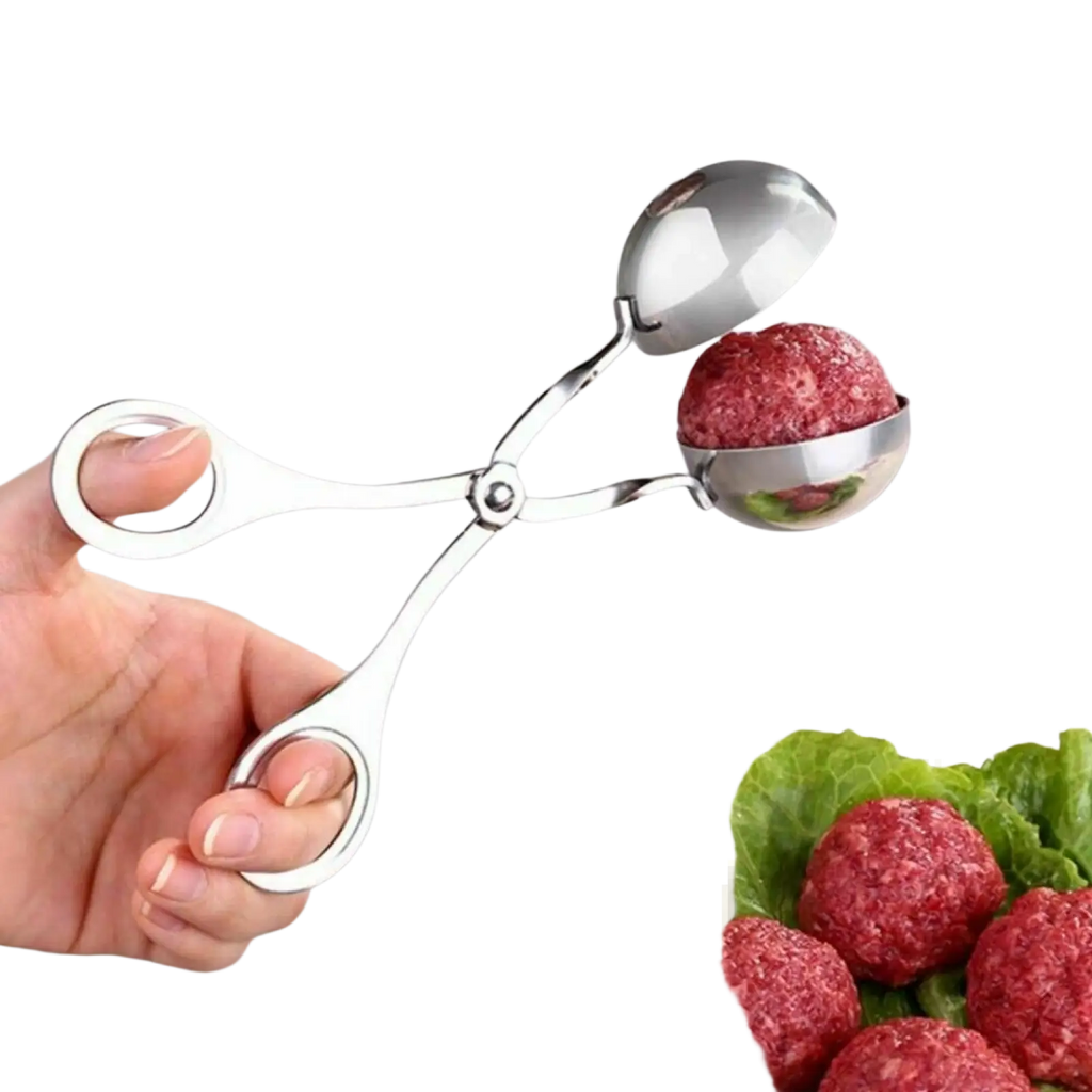 Shiny stainless steel meatball maker tongs with two open-ended spherical molds for forming uniform ground meat balls