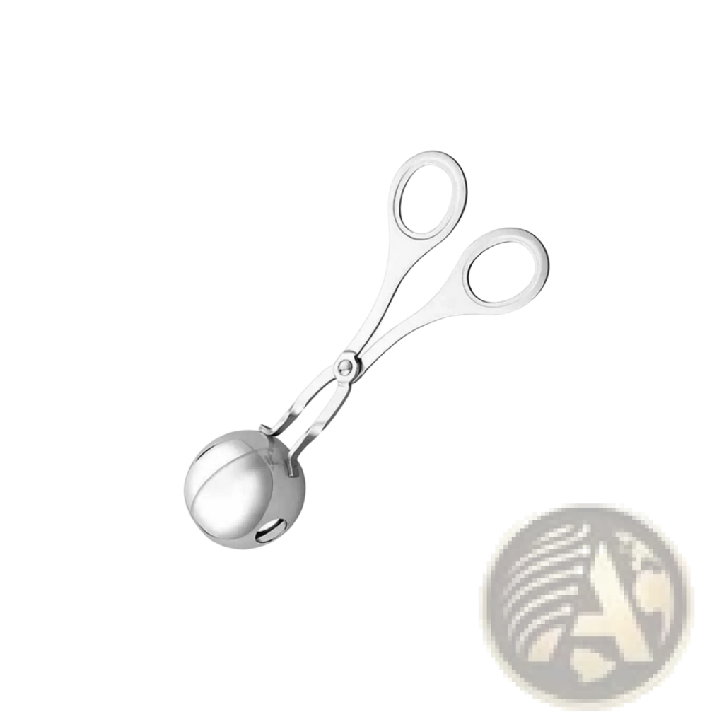 Silver stainless steel meatball maker tongs with rounded scoop and finger loops for kitchen use