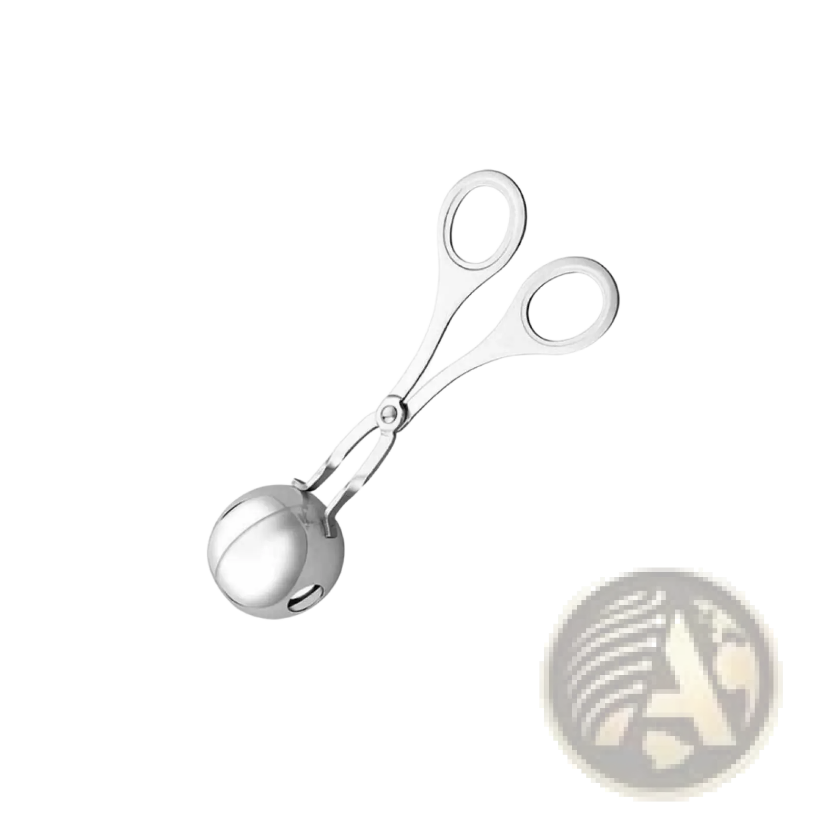 Silver stainless steel meatball maker tongs with rounded scoop and finger loops for kitchen use