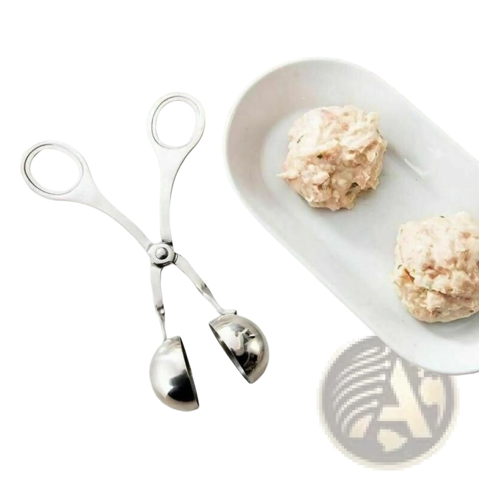 Stainless steel meatball maker tongs with polished ball-shaped scoop and ergonomic handles for kitchen use
