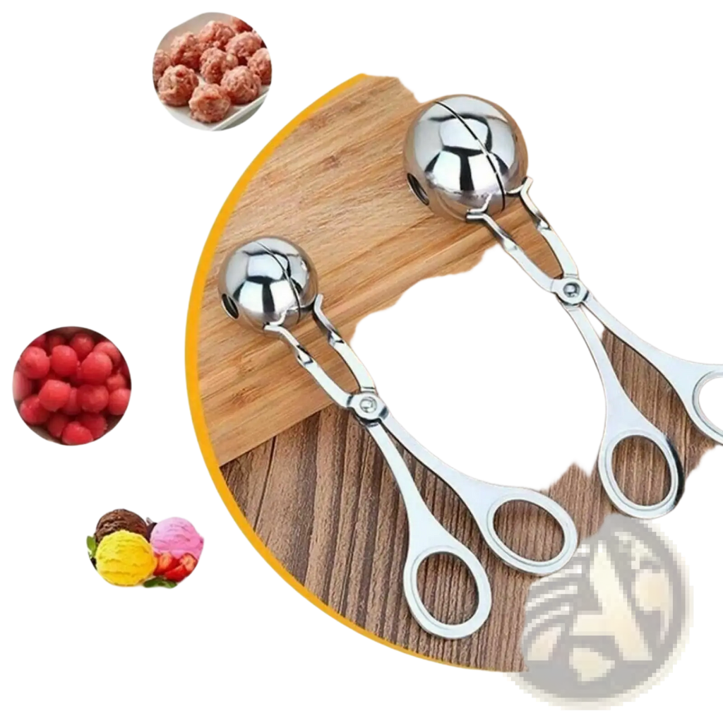 Shiny stainless steel meatball maker tongs with ball-shaped scoop and handles for kitchen use