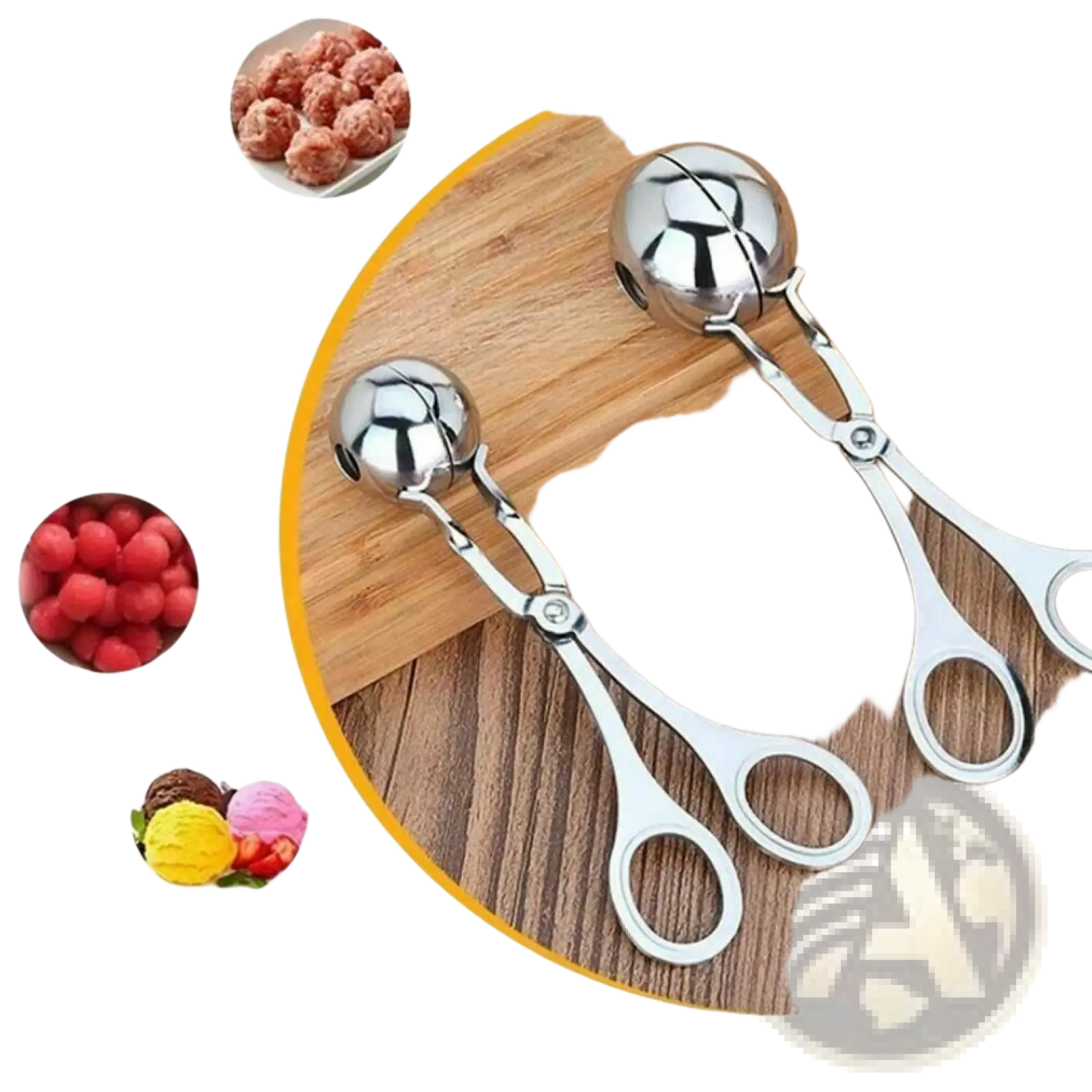 Shiny stainless steel meatball maker tongs with ball-shaped scoop and handles for kitchen use