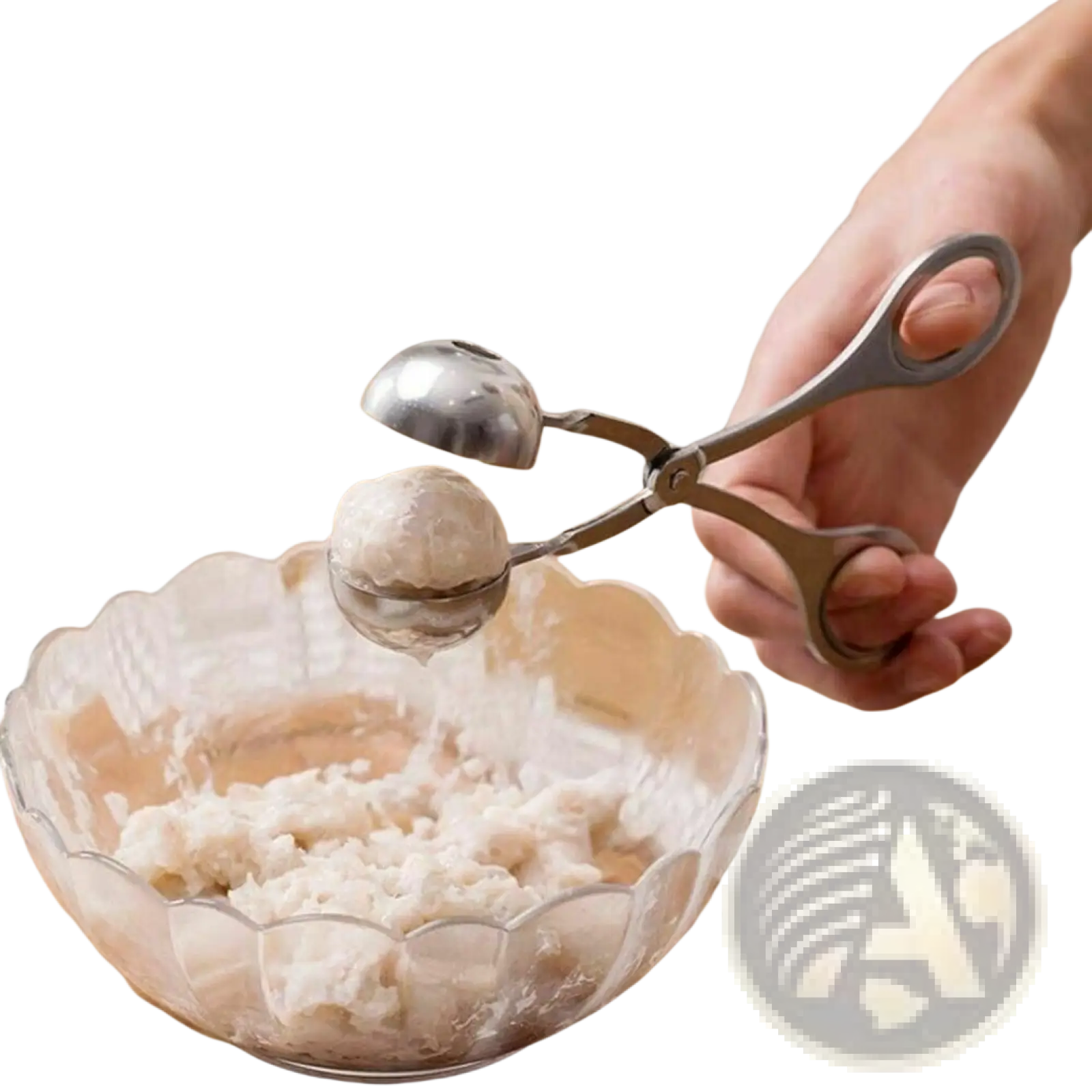 Stainless steel silver metal meatball maker tongs with two rounded spoon-like ends for shaping dough into balls