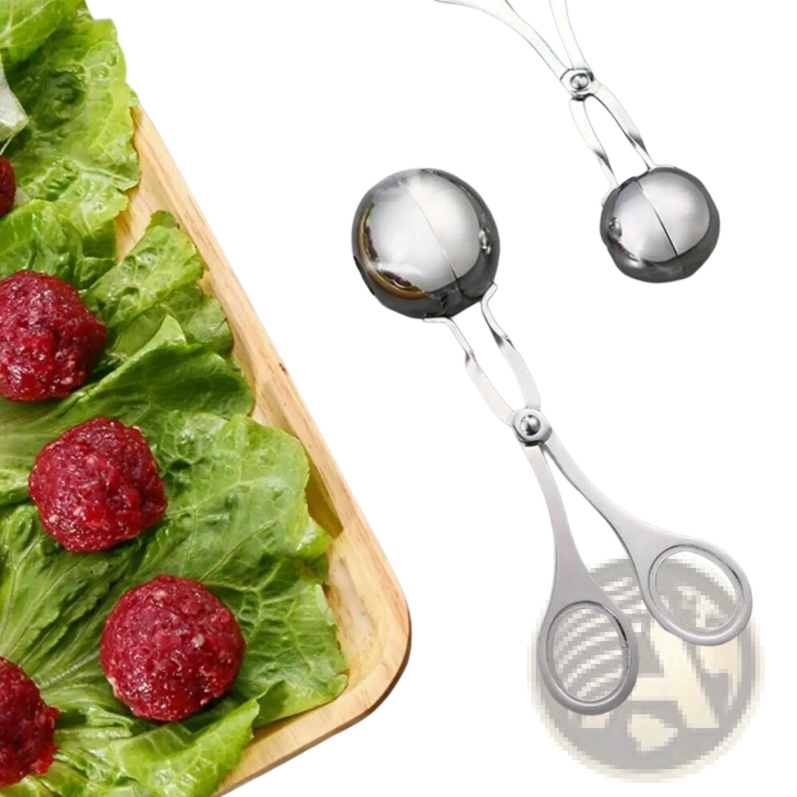 Stainless steel meatball maker tongs with a sleek reflective finish and ergonomic handles for easy scooping