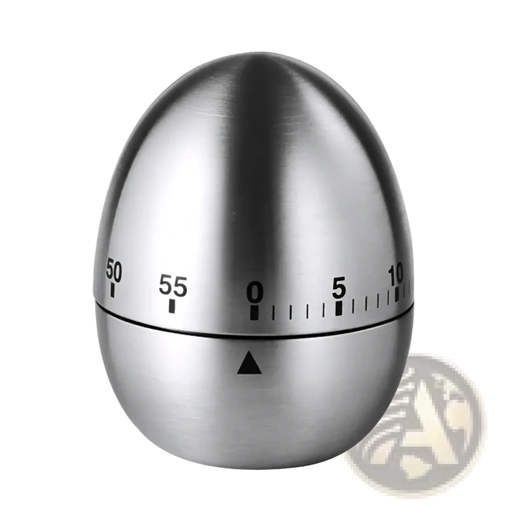 Stainless steel mechanical egg kitchen timer with black numerical markings and triangular reset indicator for cooking