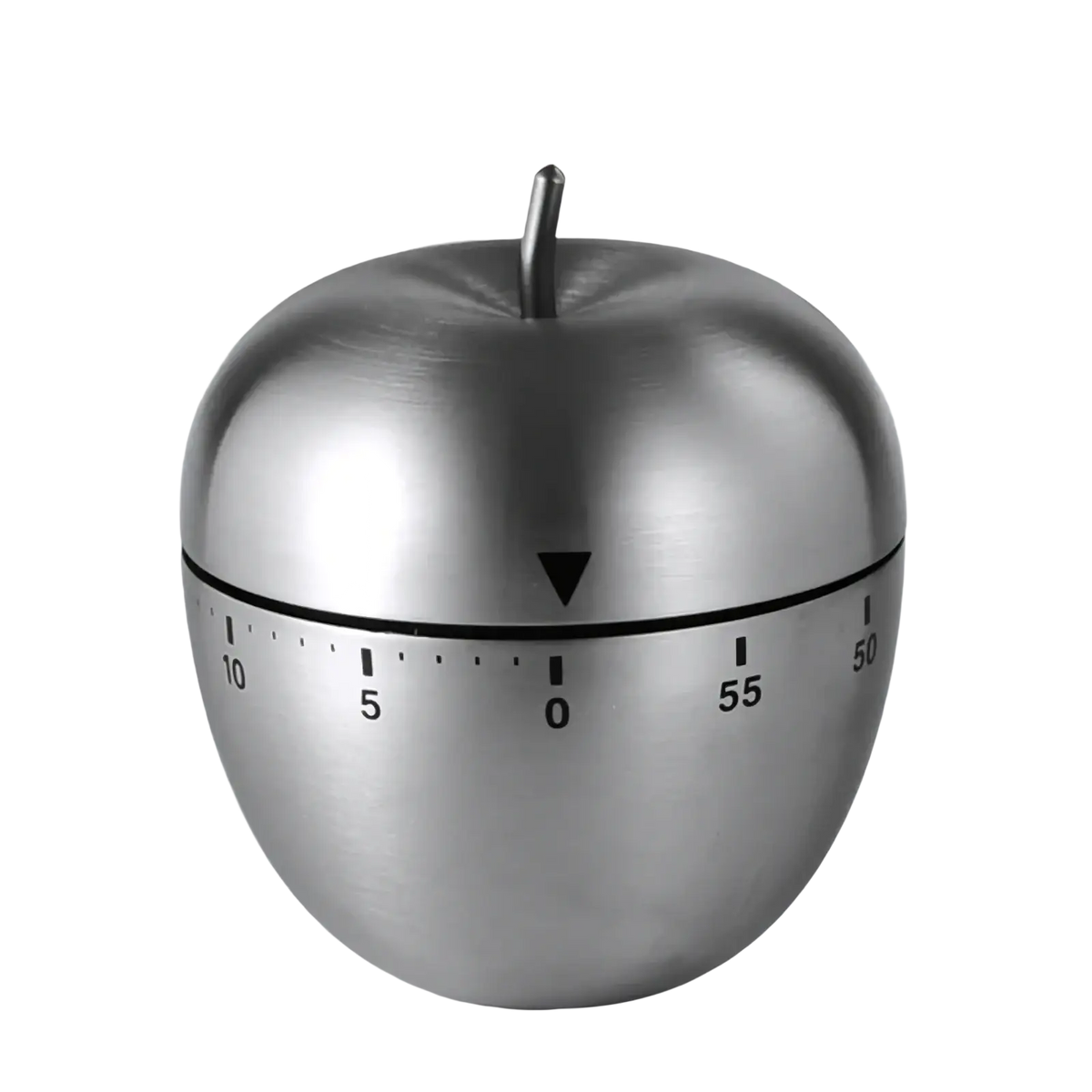 Stainless steel mechanical egg kitchen timer in shiny silver with brushed metal finish and black numerical markings