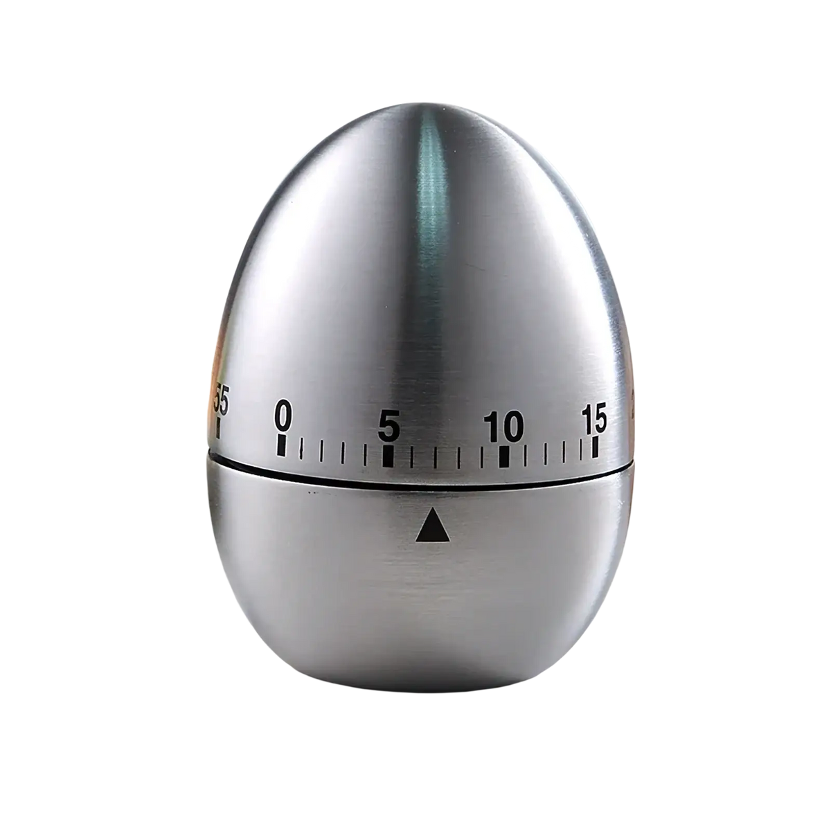 Shiny silver stainless steel mechanical egg kitchen timer with black numerical markings and triangular indicator