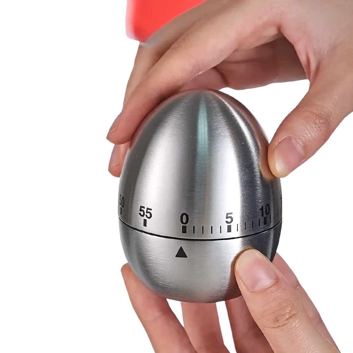 A stainless steel mechanical egg kitchen timer with brushed finish black numerical markings and triangular reset indicator