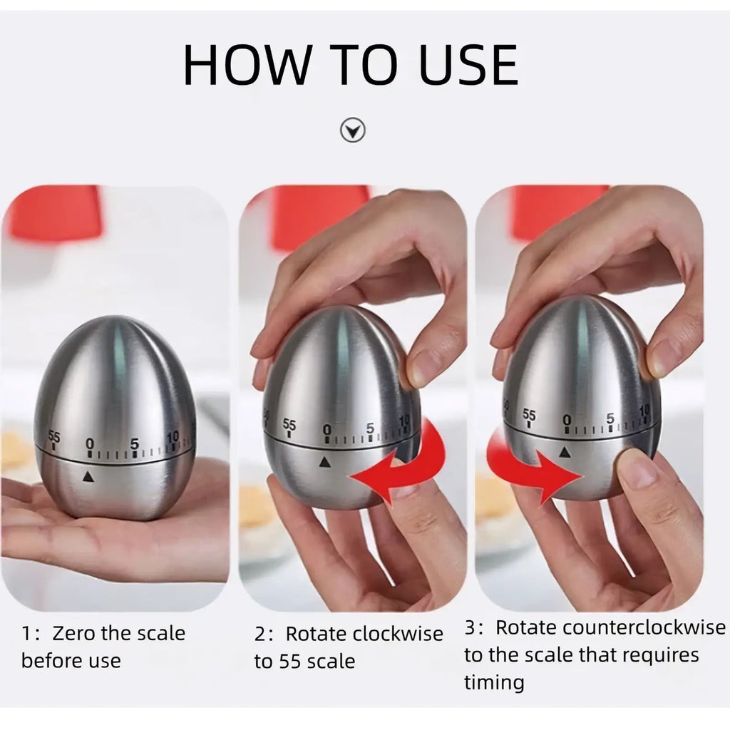 A sleek metallic egg-shaped stainless steel mechanical kitchen timer with numbered markings for timing intervals