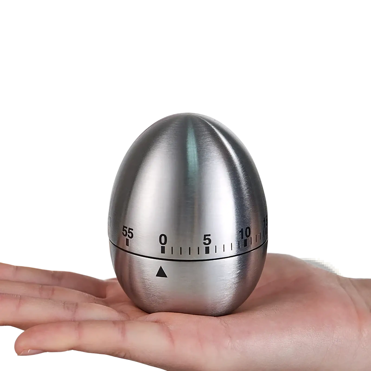A sleek egg-shaped stainless steel mechanical kitchen timer with black numerical markings and a triangular reset indicator