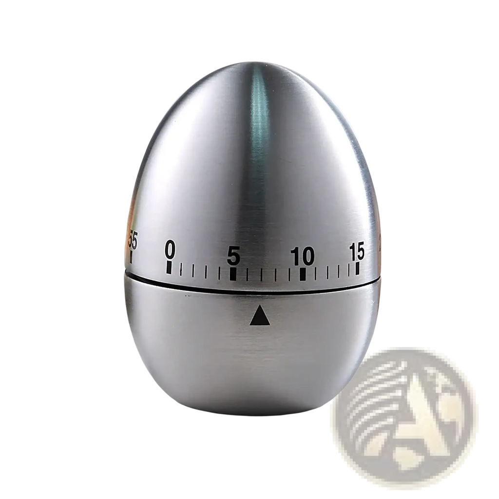 Shiny silver stainless steel mechanical egg kitchen timer with black numerical markings and triangular indicator