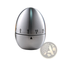 Shiny silver stainless steel mechanical egg kitchen timer with black numerical markings and triangular indicator