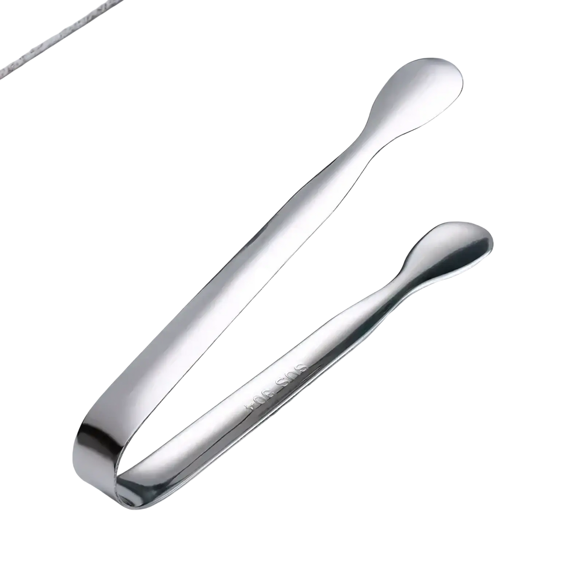 Stainless steel mini ice tongs with a sleek polished finish and rounded handles for kitchen and bar use