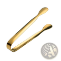 Gold-colored stainless steel mini ice tongs with a sleek polished finish and rounded ends for kitchen and bar use
