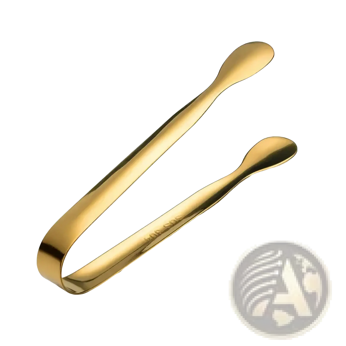 Gold-colored stainless steel mini ice tongs with a sleek polished finish and rounded ends for kitchen and bar use