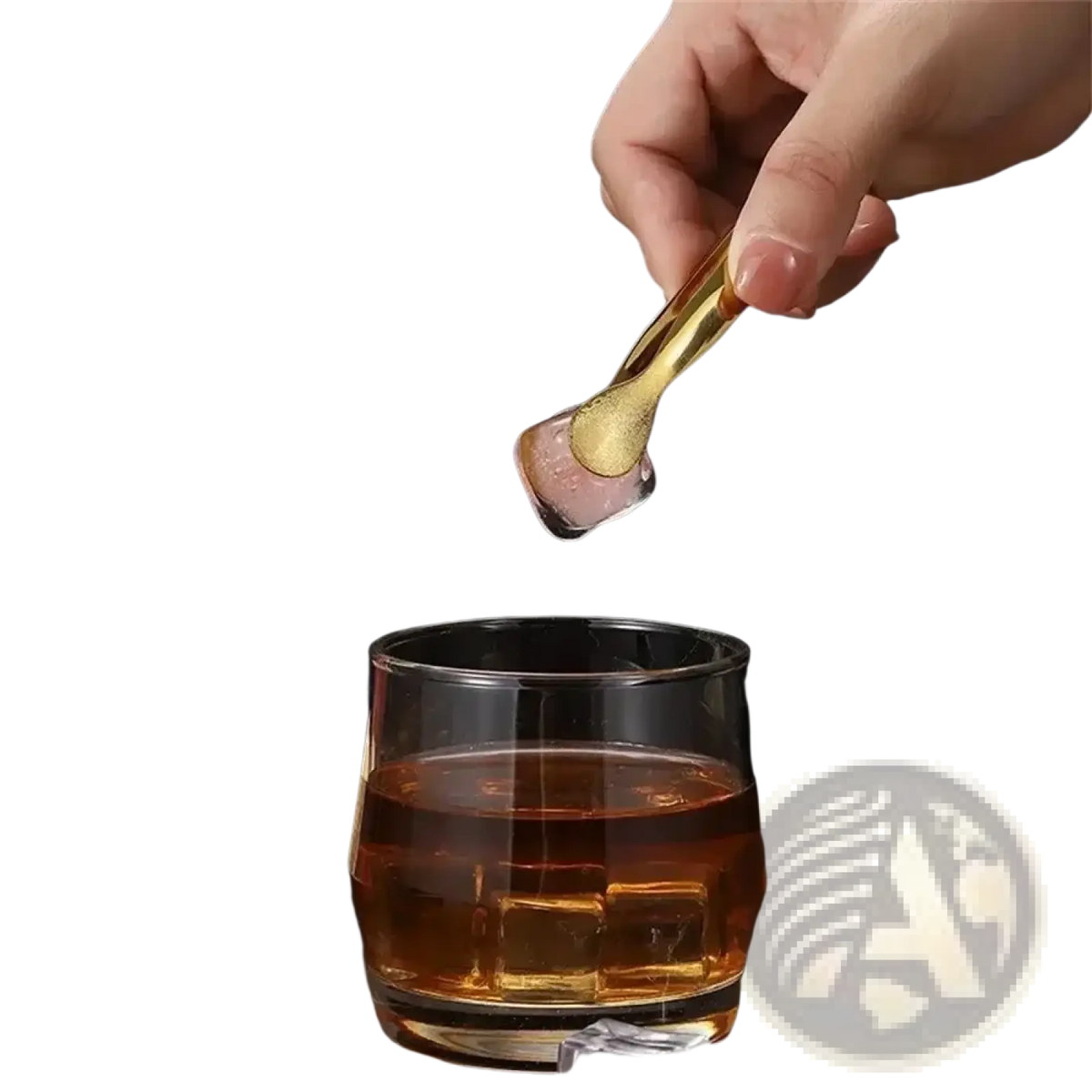 Gold-colored stainless steel mini ice scoop with transparent faceted bowl and polished handle for kitchen and bar use