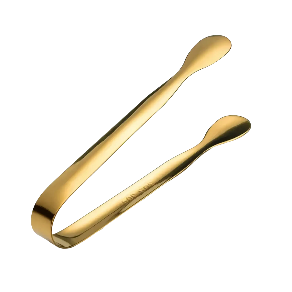 Gold-colored stainless steel mini ice tongs with a sleek polished finish and rounded ends for kitchen and bar use