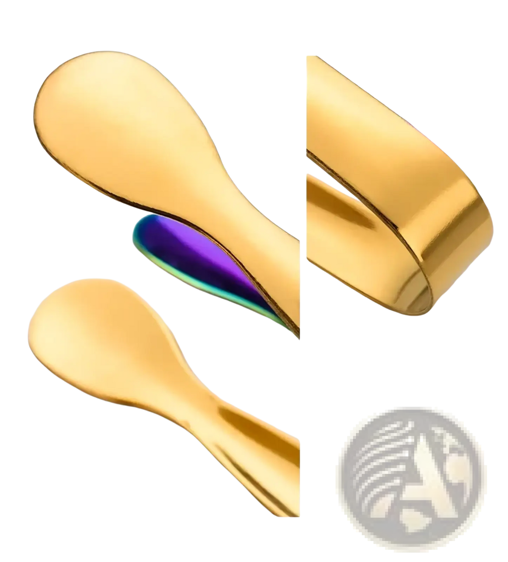 Stainless steel mini ice tongs in gold with a sleek spoon shape and polished metallic finish for kitchen and bar use