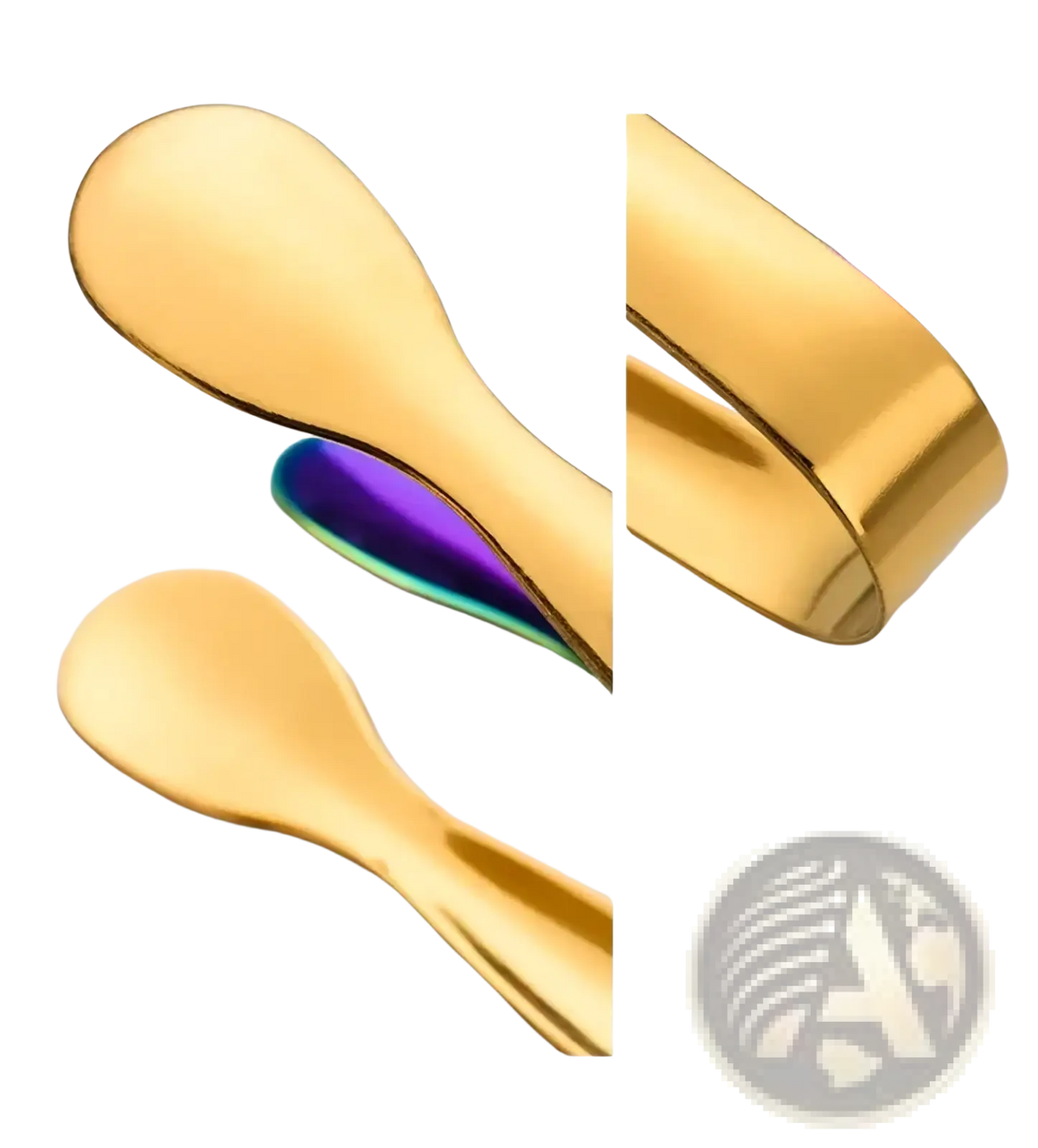 Stainless steel mini ice tongs in gold with a sleek spoon shape and polished metallic finish for kitchen and bar use