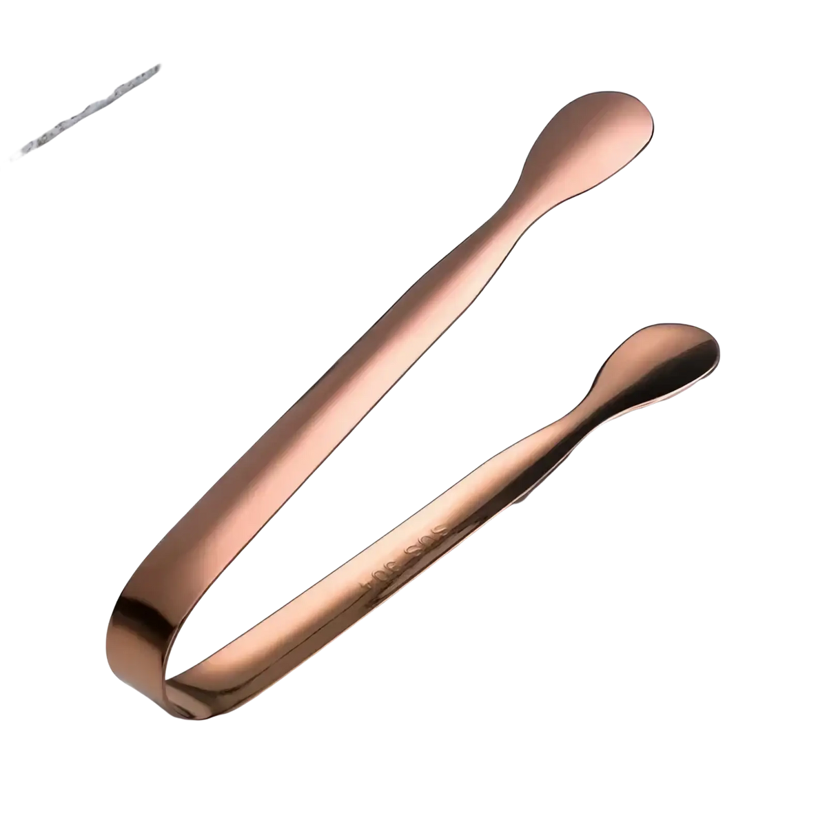 Rose gold stainless steel mini ice tongs with a sleek polished finish and rounded ends for kitchen and bar use