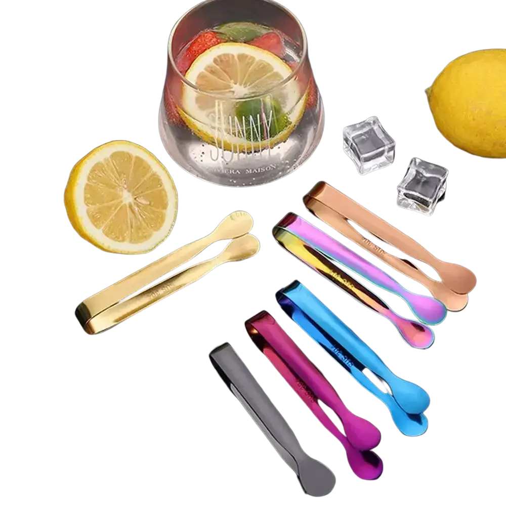 Set of colorful stainless steel mini ice tongs with reflective finish in gold, rose gold, blue, purple, and black for kitchen and bar