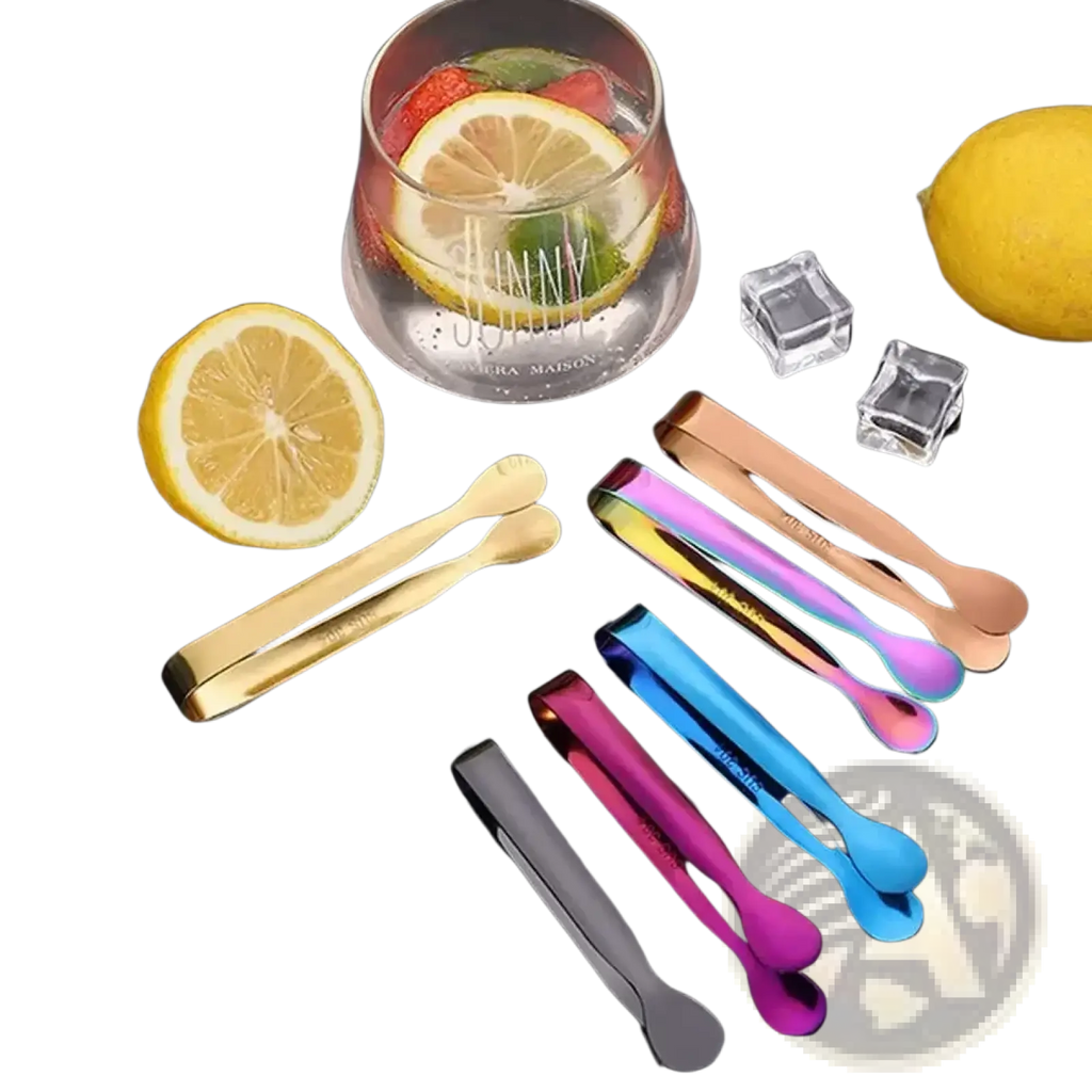 Set of colorful stainless steel mini ice tongs with reflective finish in gold, rose gold, blue, purple, and black for kitchen and bar