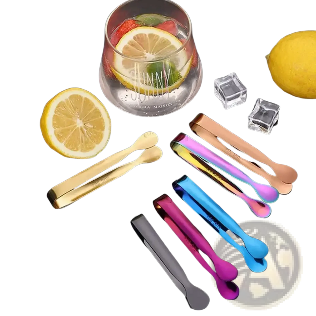 Set of colorful stainless steel mini ice tongs with reflective finish in gold, rose gold, blue, purple, and black for kitchen and bar
