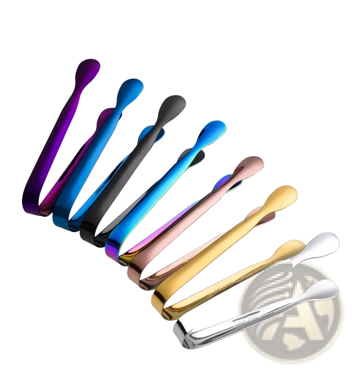 A set of stainless steel mini ice tongs with sleek metallic rainbow finishes for kitchen and bar use