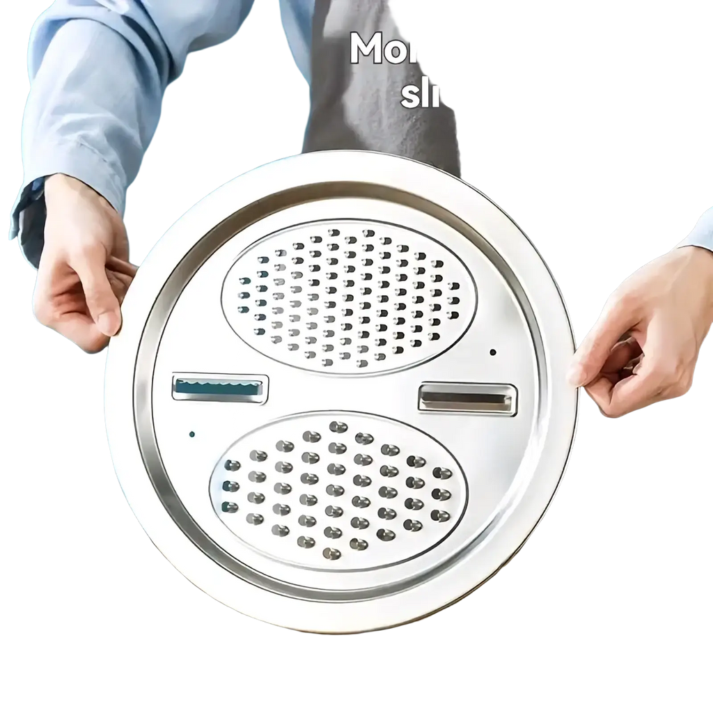 Stainless steel multi function kitchen prep set grater with two slicing patterns and sleek circular design