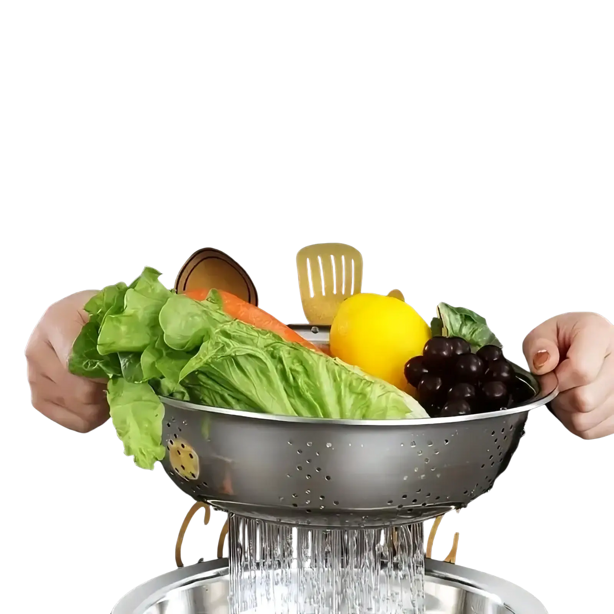 Stainless steel multi function kitchen prep set featuring a silver colander with dense filter holes for fast water filtration