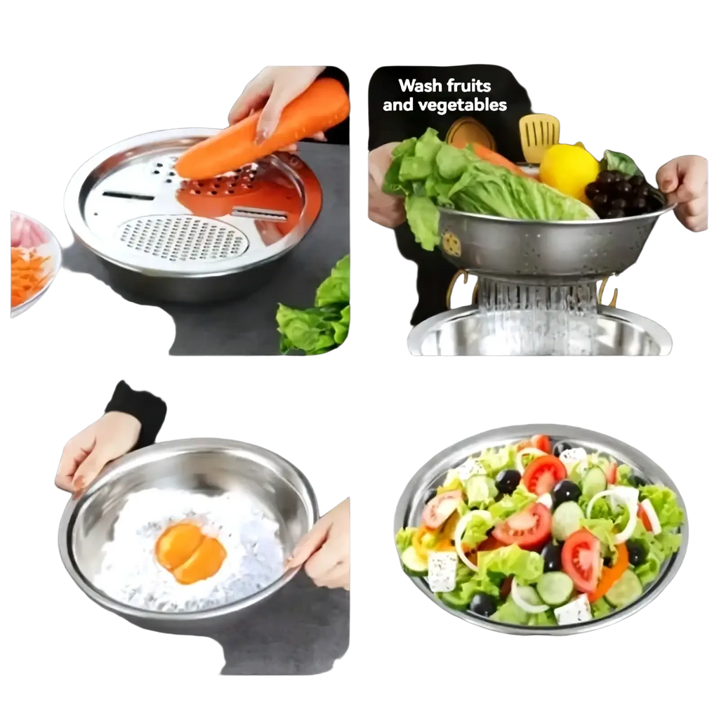 Stainless steel multi function kitchen prep set bowl with integrated grater and colander for versatile food preparation