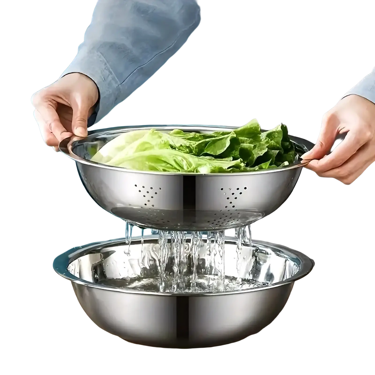 Stainless steel multi function kitchen prep set with shiny colander perforated sides sturdy handle holding fresh lettuce