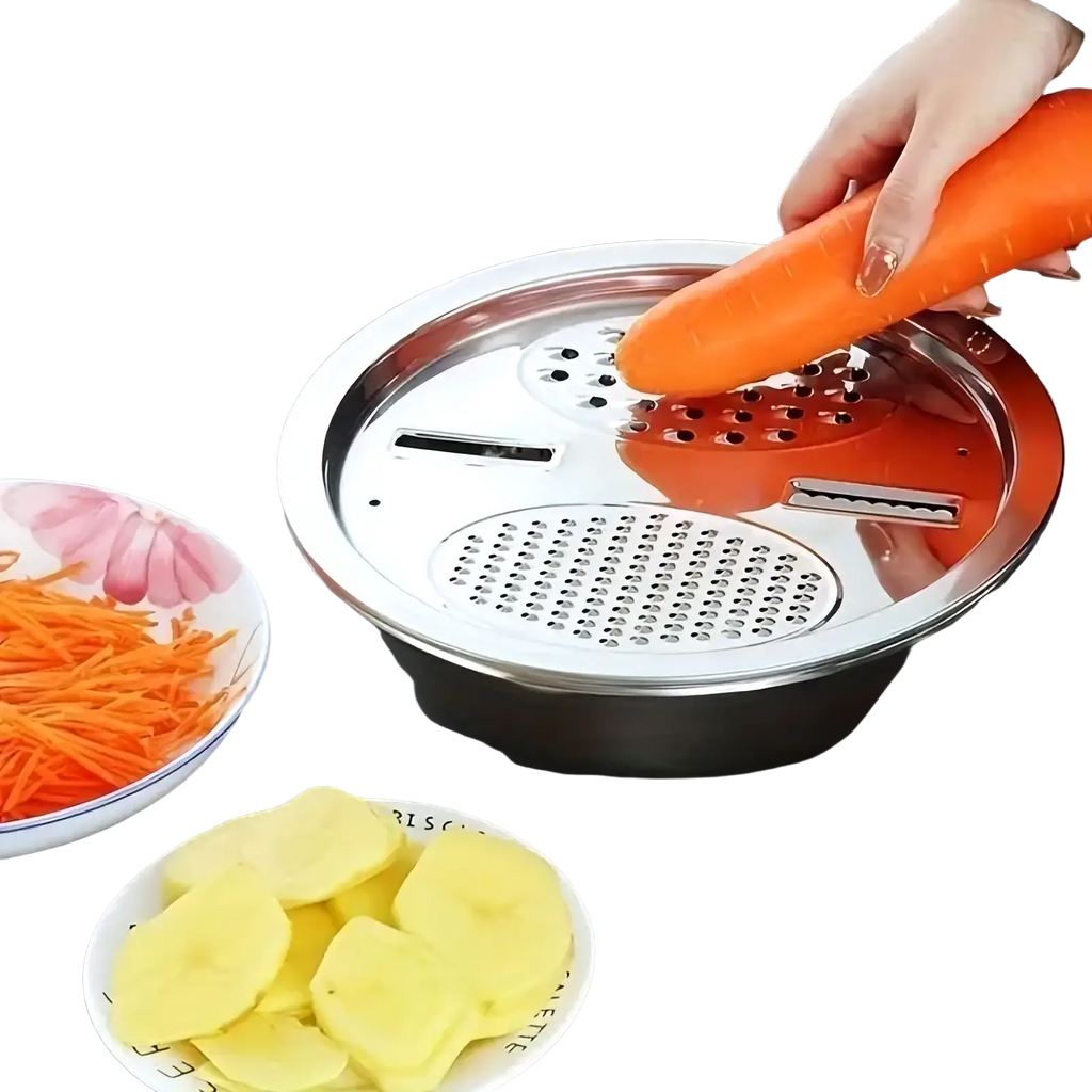 Shiny stainless steel multi function vegetable grater with orange and silver accents for kitchen prep set