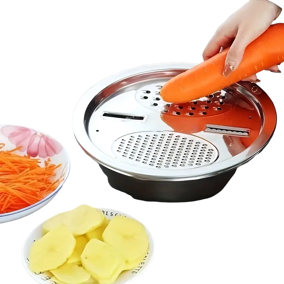 Shiny stainless steel multi function vegetable grater with orange and silver accents for kitchen prep set