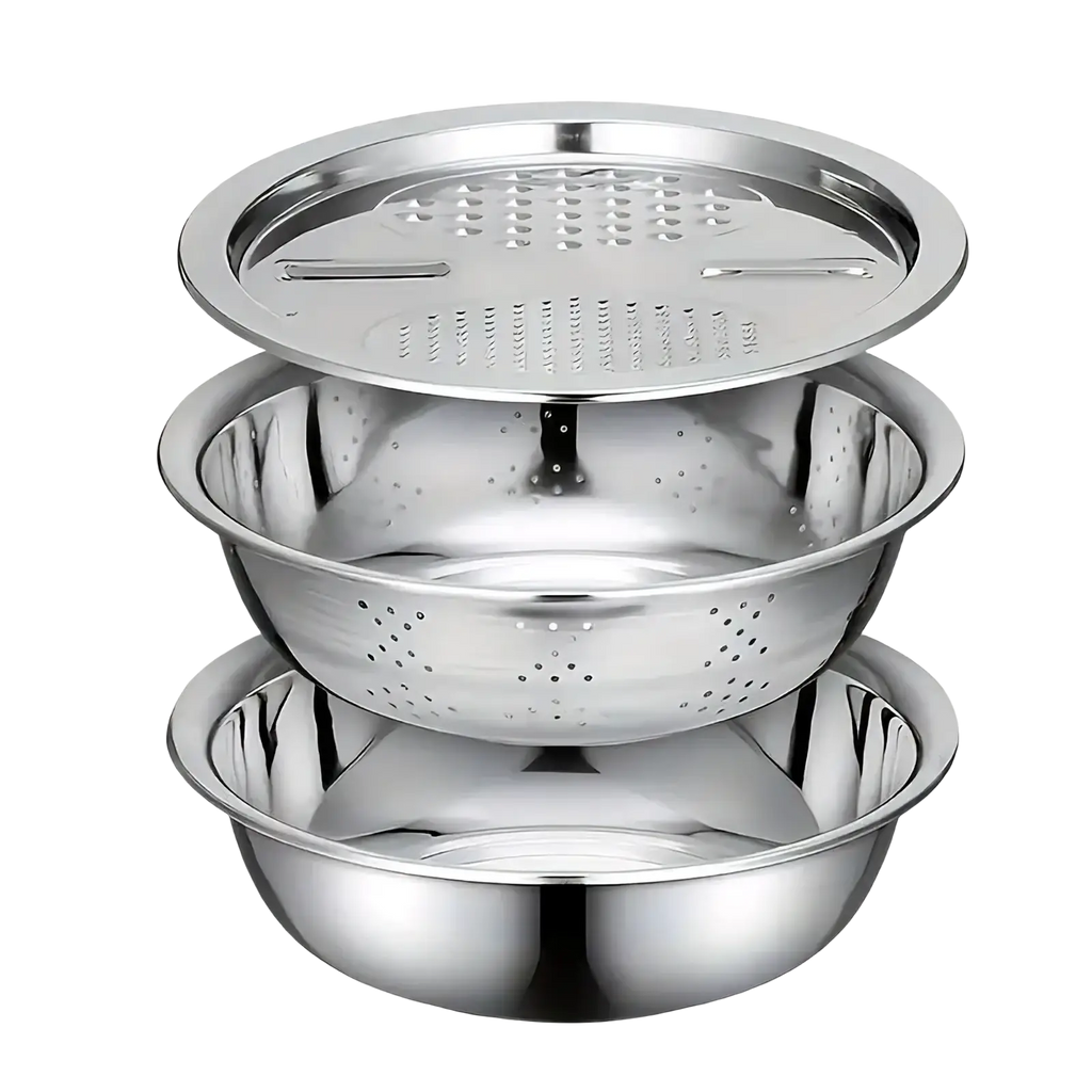 Set of three stainless steel nested colanders with perforated lid in stainless steel multi function kitchen prep set