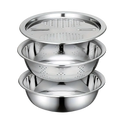 Set of three stainless steel nested colanders with perforated lid in stainless steel multi function kitchen prep set