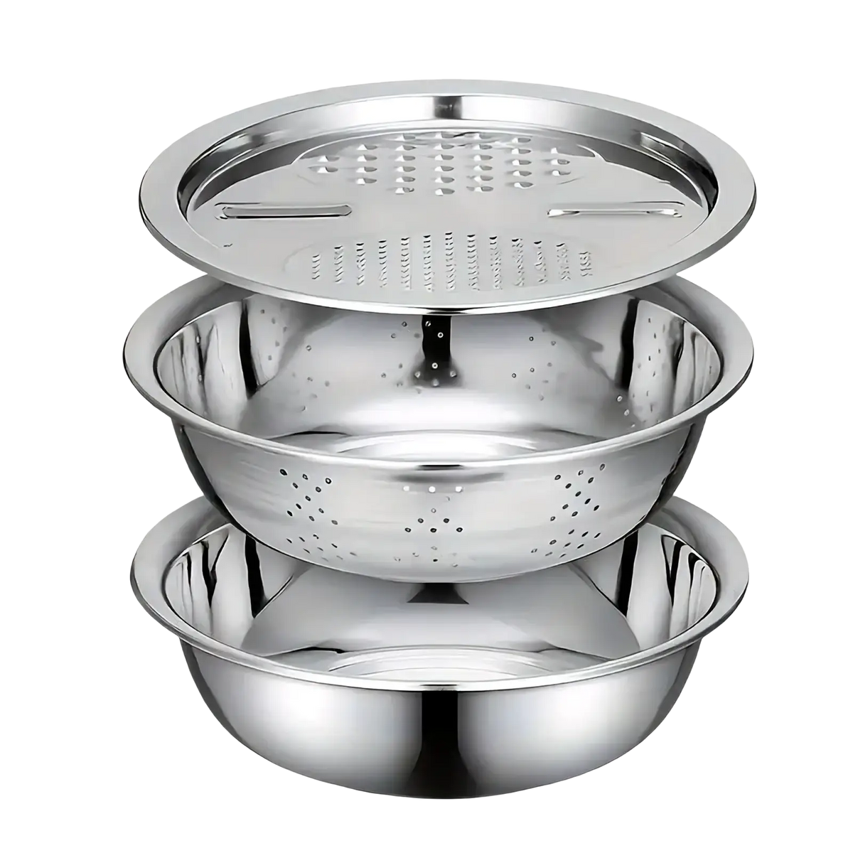 Set of three stainless steel nested colanders with perforated lid in stainless steel multi function kitchen prep set