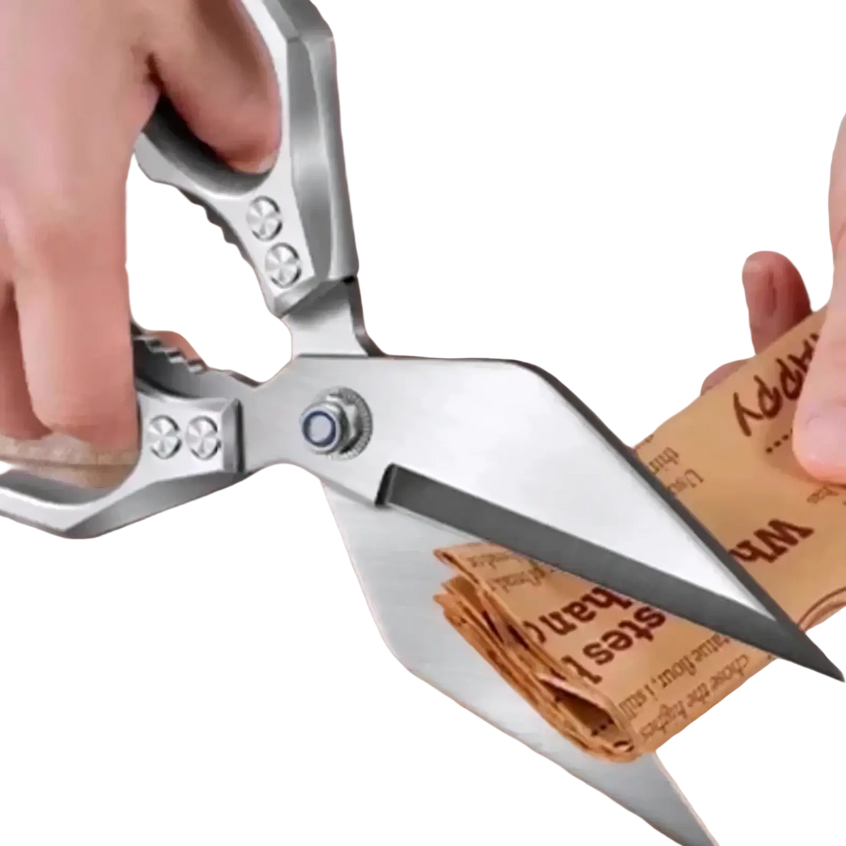 Stainless steel multi-function kitchen scissors with ergonomic textured handles and reinforced pivot point in silver