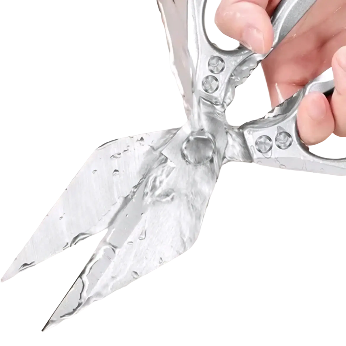 Shiny silver stainless steel multi-function kitchen scissors with ergonomic handles and riveted construction