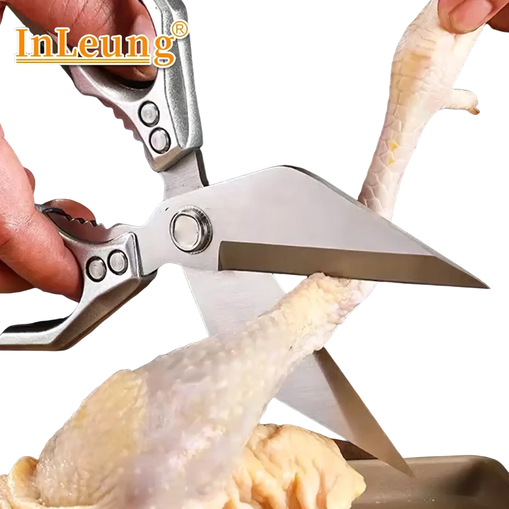 Silver inleung stainless steel multi-function kitchen poultry shears with textured grips and sharp angled blades