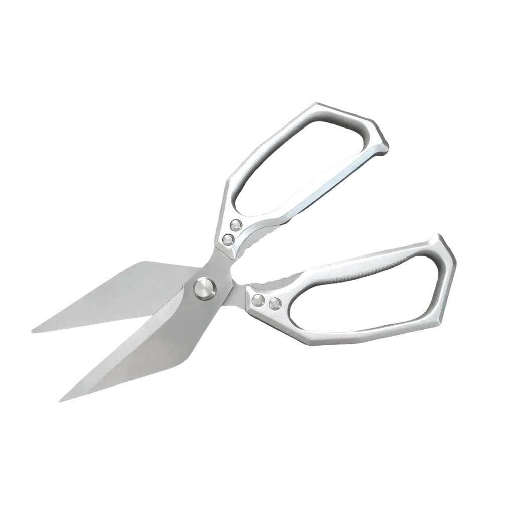 Stainless steel multi-function kitchen scissors in silver with sleek ergonomic design and reinforced pivot points