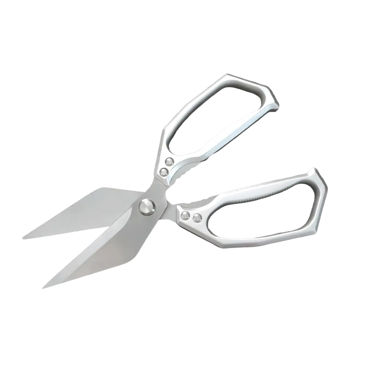 Stainless steel multi-function kitchen scissors in silver with sleek ergonomic design and reinforced pivot points