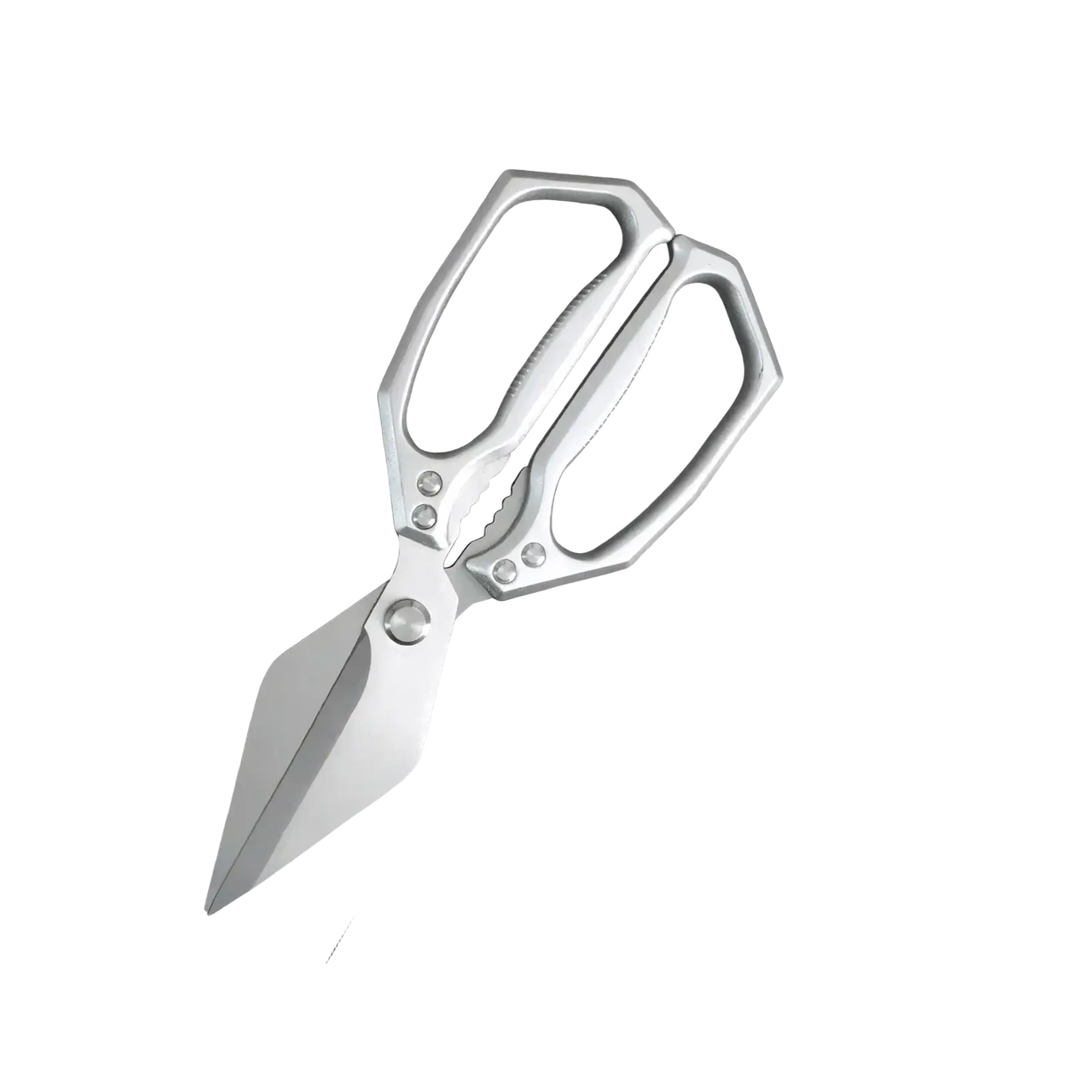 Silver-toned stainless steel multi-function kitchen scissors with sleek ergonomic design and reinforced metal construction